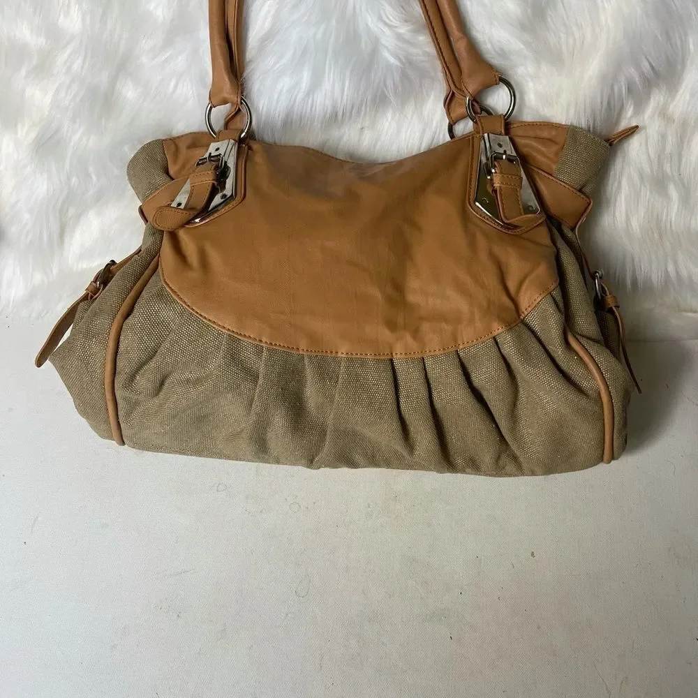 Cato canvas khaki & tan faux leather satchel  with silver tone hardwares .